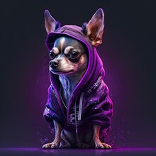 Abstract Art Of Chihuahua Designed Custom With Hip Hop Or Rapper Styles Isolated Neon Line Background. Theme Of Cool Dog Collected Fashion In Gangster Profile. Glorious Generative AI.