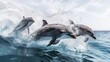  two dolphins are jumping out of the water to catch a fish in the air while another one jumps out of the water to catch a fish in the air.  generative ai