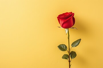 Wall Mural -  a single red rose is on a yellow background with a green stem and leaves on the end of the stem, with a single red rose in the middle of the middle of the stem.  generative ai