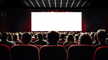 People In The Cinema Auditorium With Empty White Screen.