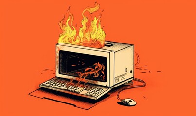 A digital illustration of a computer on fire