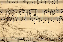  A Sheet Of Music With Musical Notes And Notes Written In Black Ink On A Sheet Of Parchment Paper With A Drawing Of A Bird On It.  Generative Ai