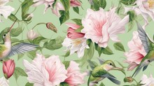 Seamless Botanical Floral Pattern With Flowers And Hummingbird