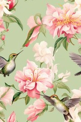  Seamless botanical floral pattern with flowers and hummingbird