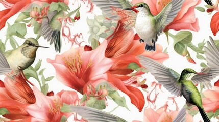 Wall Mural - Seamless botanical floral pattern with flowers and hummingbird