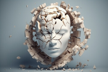 mental health concept with a persons whole head fracturing and exploding. generative ai.