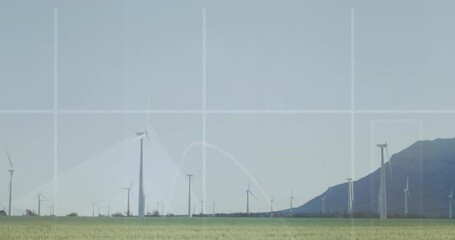 Sticker - Animation of multiple graphs over grid pattern and windmills against mountain and sky