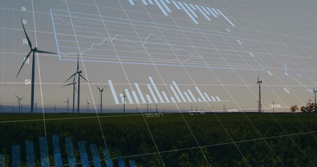 Poster - Animation of graphs and changing numbers over time-lapse of windmill on green field