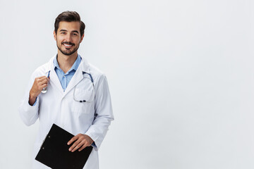 Man doctor in white coat with stethoscope and folder for notes and patient records smile and good test results on white isolated background, copy space, space for text, health