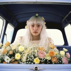 Wall Mural - Young woman with white hair sitting in the car surrounded by flowers