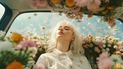 Wall Mural - Young woman with white hair sitting in the car surrounded by flowers