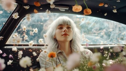 Young woman with white hair sitting in the car surrounded by flowers