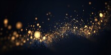 Abstract Dark Blue And Gold Particle Backdrop. Christmas Golden Light Shed Bokeh Particles Over A Background Of Navy Blue. Gold Foil Appearance. Holiday Idea. Generative Ai.