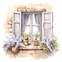 Vintage Watercolor Old European Balcony Window With Flowers