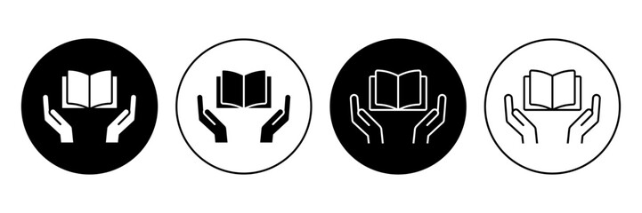Hand with book vector icon. Ebook, online library symbol in circle. Open book sign