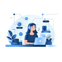 Fototapete - AI generated: Customer service. Woman with headphones and microphone with laptop. Concept illustration for support, assistance, call center. Vector illustration in flat style