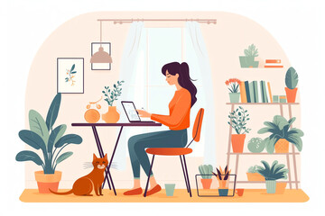 AI generated: Home office concept, woman working from home, student or freelancer. Cute vector illustration in flat style