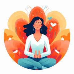 ai generated: happy woman sits in lotus pose and open her arms to the rainbow. smiled girl creates g