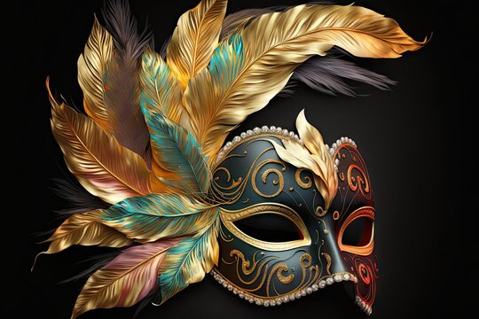 Venetian carnival mask gold colored feathers beautiful realistic. Generative AI AIG15.