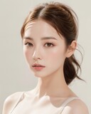 Fototapeta  - Portrait of beautiful Japanese women with ponytail wearing ballet dress with simple studio background by generative AI