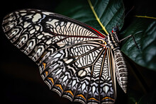 A Black And White Butterfly With Red Markings On Its Wings, Resting On A Green Leaf In The Dark Background. Generative Ai