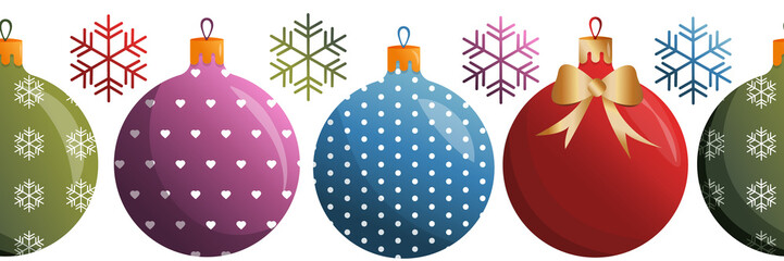 Christmas toys and decor seamless border frame clipart, balls illustration repeat pattern. Graphic Xmas glass print. Holiday decoration template. New Year's Eve christmas tree decor.