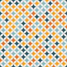 Contemporary Geometric Seamless Mid-century Pattern With Simple Retro Shapes, Stars And Circles. Abstract Vector Background Of Orange And Blue Tones On A Light Beige Background.