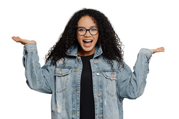 Wall Mural - Portrait of glad satisfied curly African American woman raises palms, pretends holding something, wears optical glasses and denim jacket, isolated on white background. People and happiness concept