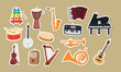 Musical instruments clipart cartoon stickers set. Xylophone, saxophone, snare drum, tambourine, piano, guitar, violin, harp, trumpet, accordion stickers vector design