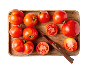 Poster - Red cherry tomatoes on wooden tray isolated on white background. Top view.