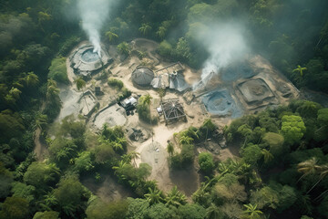 Wall Mural - an aerial view of some buildings in the jungle with smoke coming out from the roof and surrounding trees on either side. Generative Ai