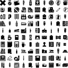 Collection Of 100 Stationery Icons Set Isolated Solid Silhouette Icons Including Paper, Notebook, Office, Set, Pen, Pencil, Stationery Infographic Elements Vector Illustration Logo