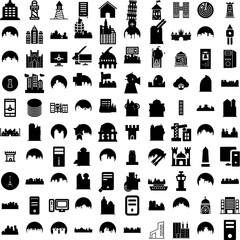 Wall Mural - Collection Of 100 Tower Icons Set Isolated Solid Silhouette Icons Including Famous, Europe, Travel, Architecture, Tourism, Tower, Landmark Infographic Elements Vector Illustration Logo