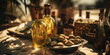 Tisch mit Oliven und Flaschen mit Olivenöl im Abendlicht, Generative AI