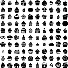 Collection Of 100 Cupcake Icons Set Isolated Solid Silhouette Icons Including Cake, Food, Sweet, Cupcake, Dessert, Isolated, Frosting Infographic Elements Vector Illustration Logo
