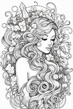 Princess Illustration Coloring Book Black And White For Kids And Adults Isolated Line Art On White Background.