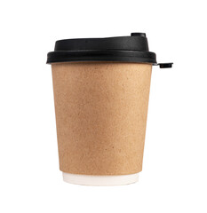 Takeaway paper cup, kraft takeout coffee mug closed with black lid isolated on white background