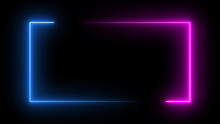 Square Rectangle Picture Frame With Two Tone Neon Color Motion Graphic On Isolated Black Background. Blue And Pink Light Moving For Overlay Element. 3D Illustration Rendering. Empty Copy Space Middle