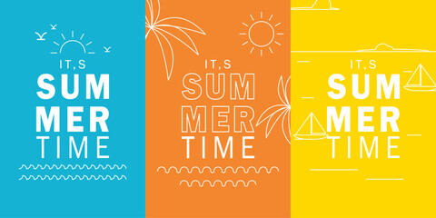set minimalist simple summer time vertical design vector background. simple sun, beach, ship and wave outline design theme