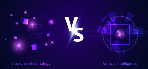 Wall Mural - Concept Blockchain Technology VS AI Comparison between the two technologies in working together identity verification maintain security Check out AI, blockchain and IoT insights on a purple,futuristic