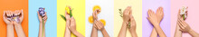Set Of Female Hands With Beautiful Manicure On Color Background, Top View