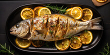 Tasty grilled fish dorado with lemon on kitchen table, flat lay, top view - Generative AI