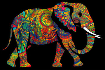 Neon image of an adult African elephant with an ornament. Generative AI illustration.