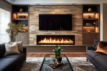 Front View Of A Gas Fireplace With A Tv On Top, A Built-in Library On Each Side With Led Lightning - Generative AI