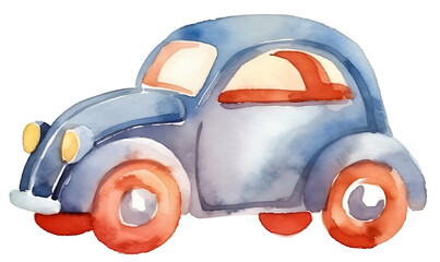 Toy, watercolor, blue car. Children's toy. Isolated on a transparent background. KI.