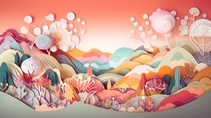 Wall Mural - Paper craft whimsical fantasy landscape with gradient fade colors. 3D abstract background with paper cut shapes. Colorful carving art. Ai generative