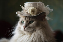 An Aristocratic Cat In A Dress And A Hat. Vintage French And English Style.Generative AI, Illustration