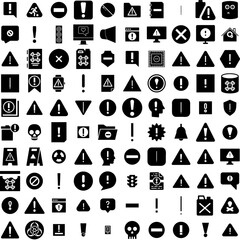 Collection Of 100 Caution Icons Set Isolated Solid Silhouette Icons Including Caution, Sign, Danger, Hazard, Safety, Attention, Security Infographic Elements Vector Illustration Logo