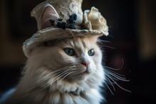 An Aristocratic Cat In A Dress And A Hat. Vintage Rococo Style.Generative AI, Illustration.