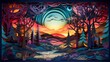 © serdjo13 - Paper craft whimsical fantasy landscape with gradient fade colors. 3D abstract background with paper cut shapes. Colorful carving art. Ai generative